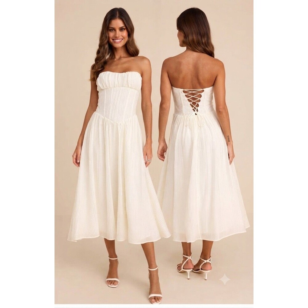 Lulus Aspen Ivory Plisse Strapless Bustier Midi Dress Sz M Cottagecore Wedding